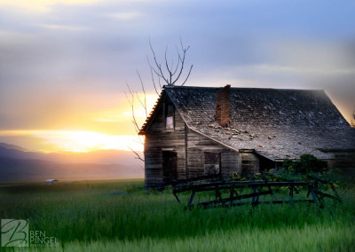 Abandoned house Bancroft, Idaho at sunset